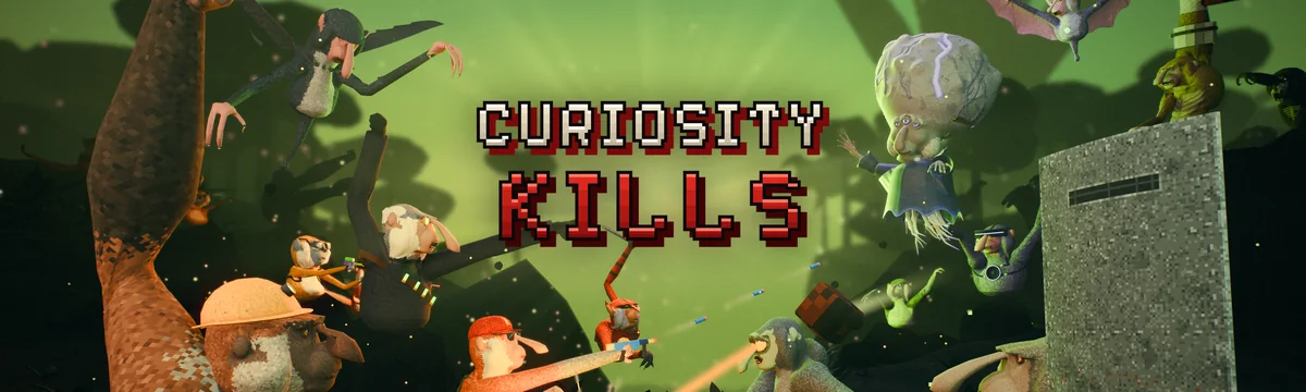 Curiosity Kills key art: a Brute swings a hatchet as the Contractor leads the monkeys against a horde of monsters under a toxic green sky, a titan looming in the haze