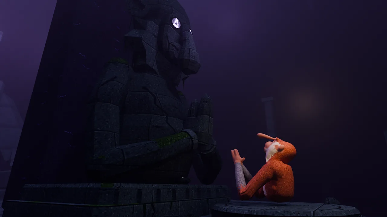 An explorer kneels before the Watcher's idol in the Depths, its eyes glowing violet