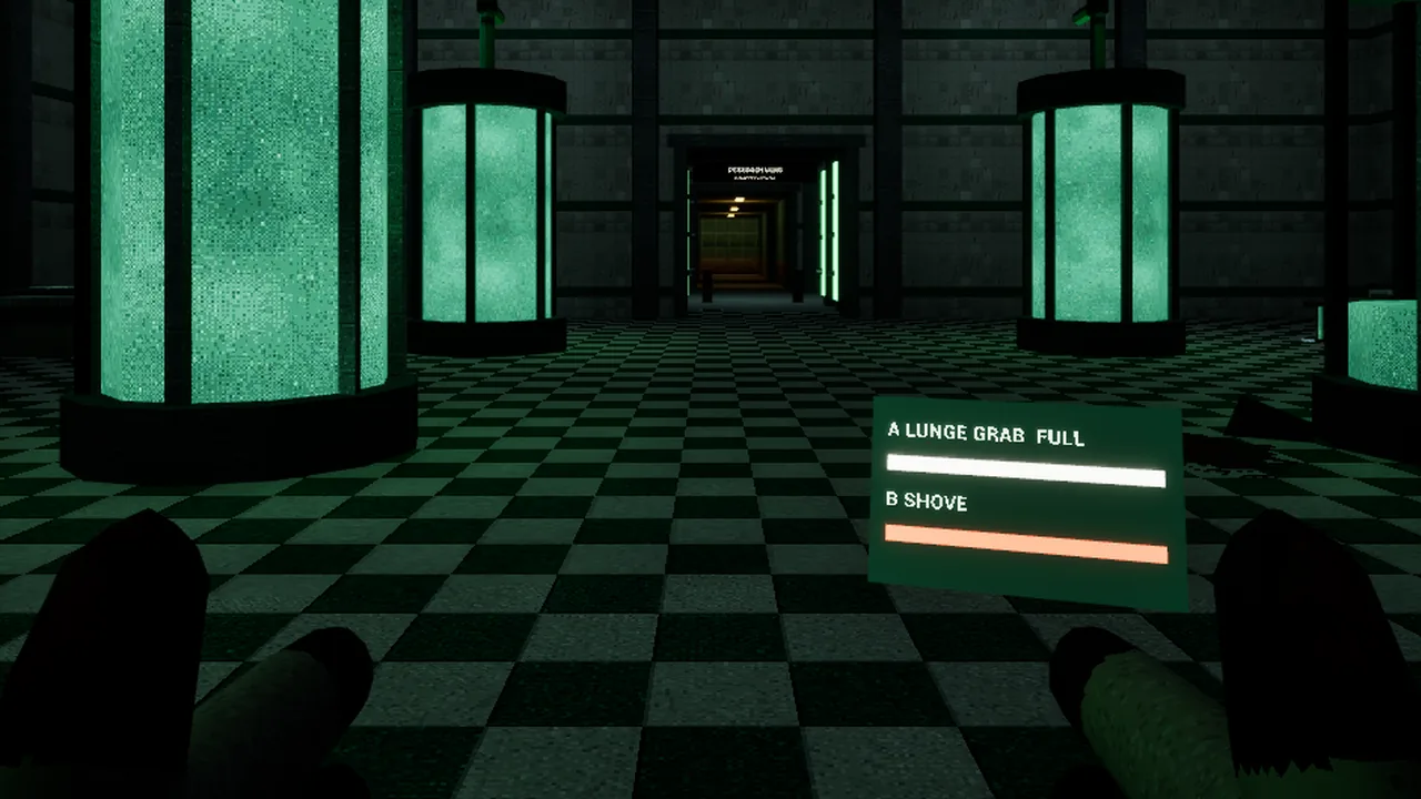 Playing as a Porter in Monkeys vs Monsters: first person in a containment room, its lunge grab charged