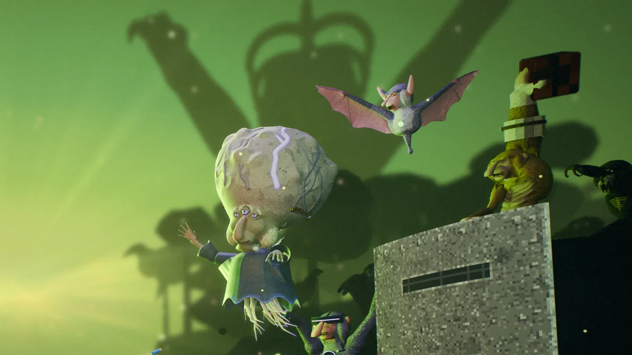 From the key art: monsters gather under the Surface's toxic green sky while a titan, the Hollow, looms in the haze behind them