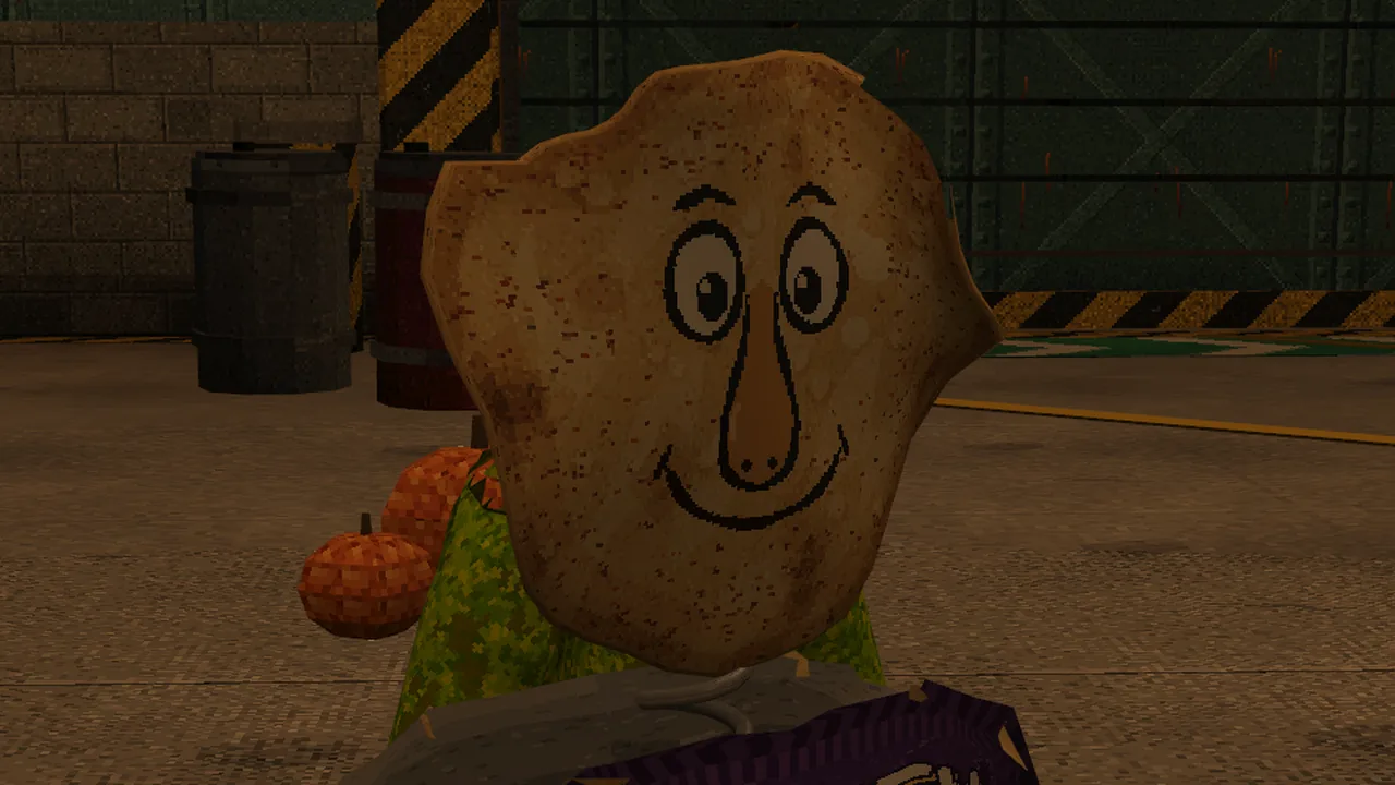 A monkey wearing CHIP, a full-body fur with a banana-chip head and a hand-drawn face